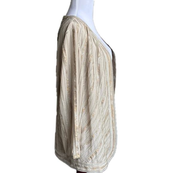 NEW CHICO’S Travelers Gilded Stripe Open Sheer Light Jacket SZ 1 M Tan Metallic - Picture 5 of 12